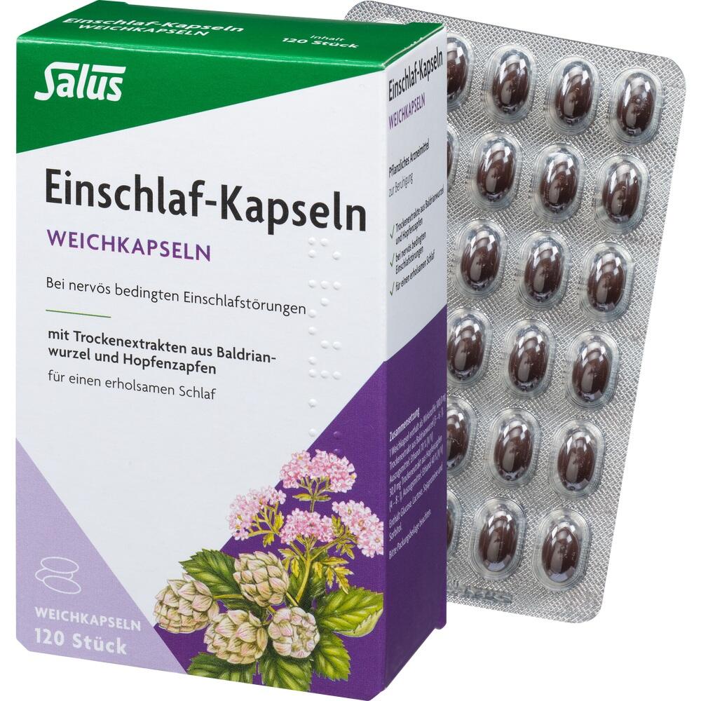 Grüne und lilafarbene Verpackung mit Einschlaf-Kapseln und Blumenbild.