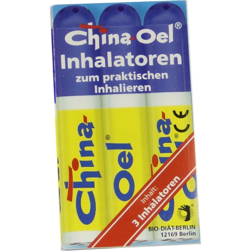 Drei gelbe China-Oel-Inhalatoren in einer blauen Verpackung.