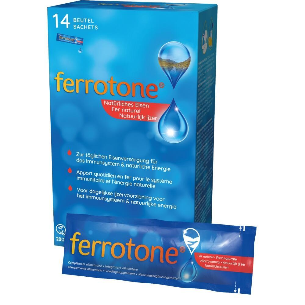 Eine blaue Packung mit Beuteln für Eisen-Nahrungsergänzungsmittel.