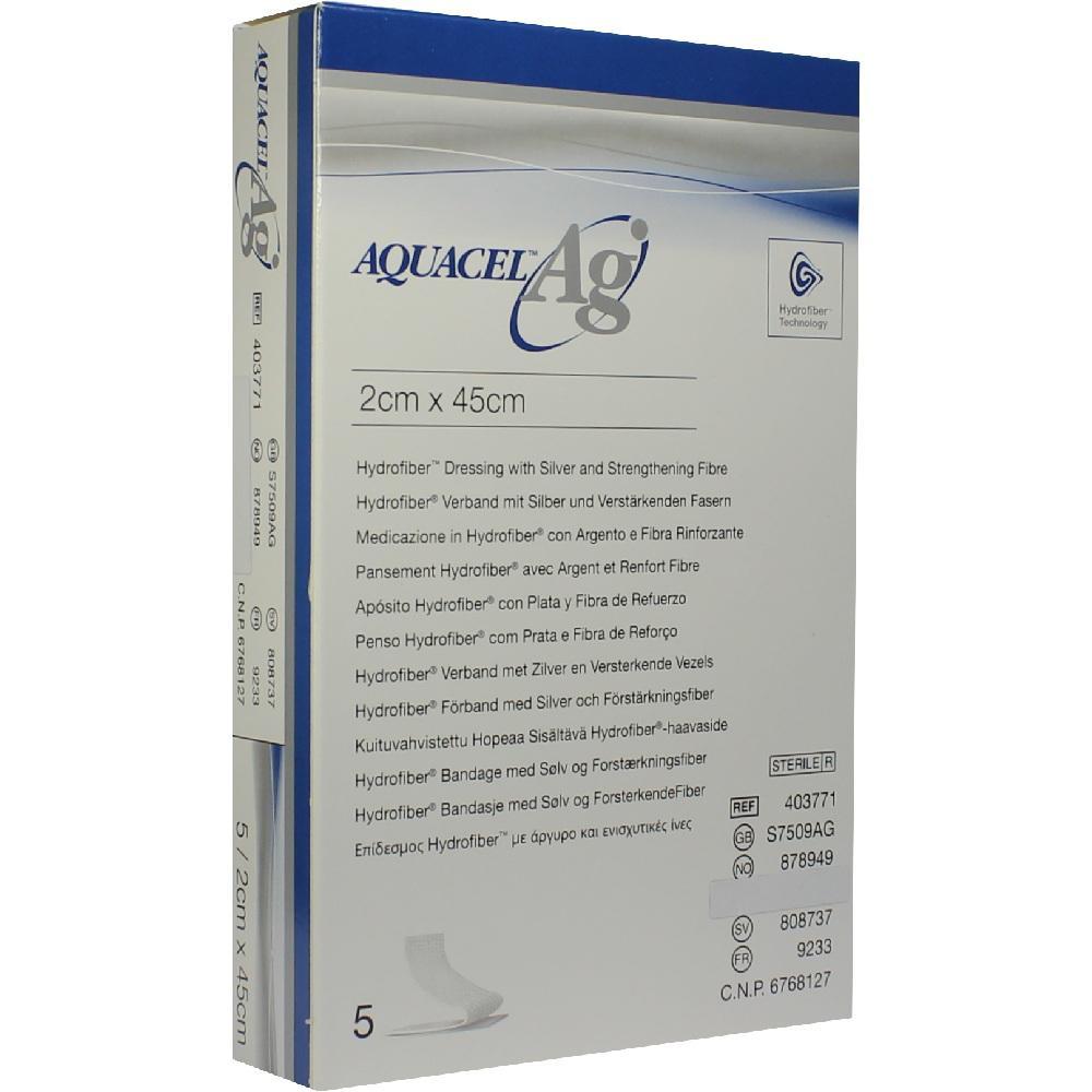 Verpackung von Aquacel Ag, ein Verband aus Hydrofaser mit Silber, 2 cm x 45 cm.