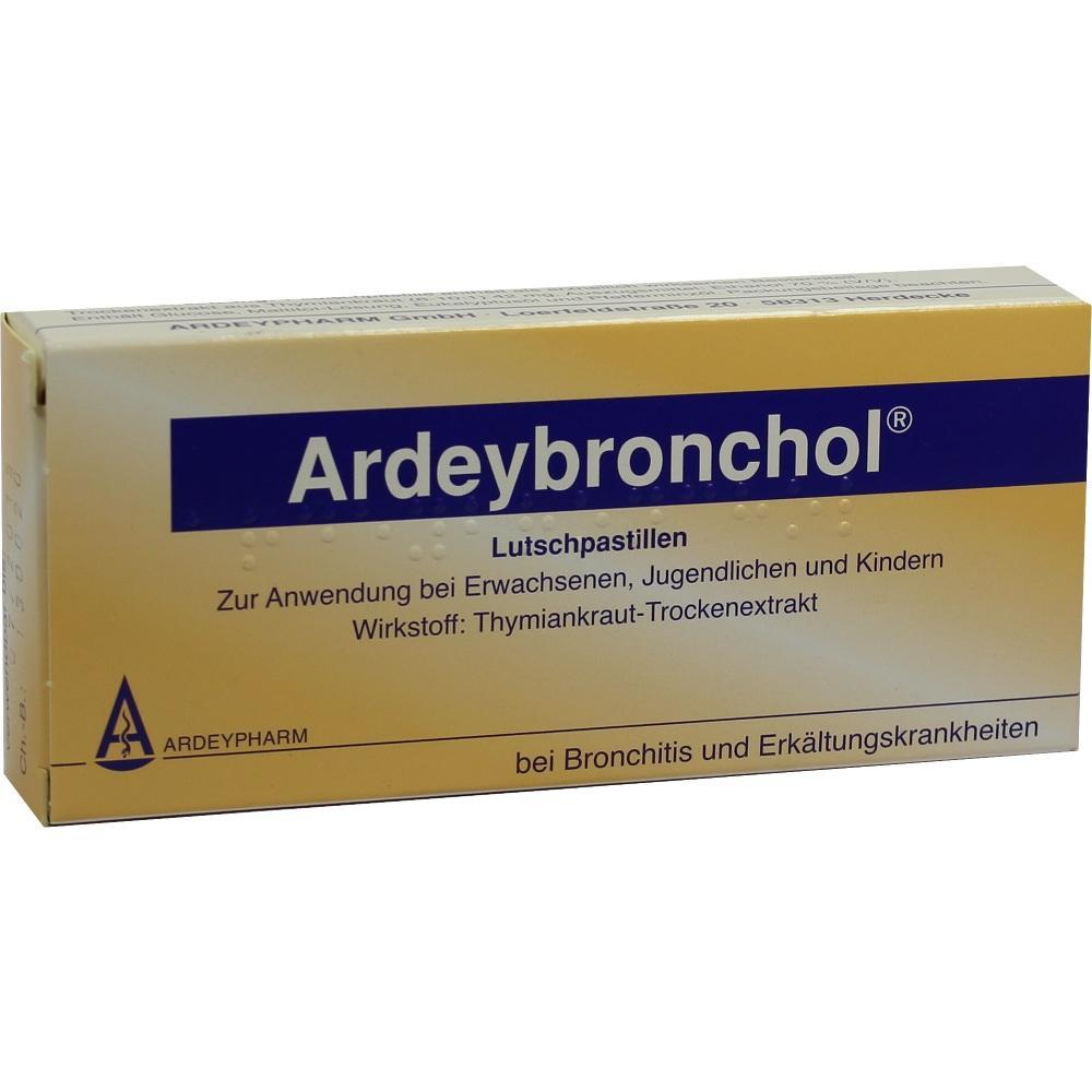 Gelbe Schachtel mit Ardeybronchol-Lutschpastillen zur Behandlung von Atemwegserkrankungen.
