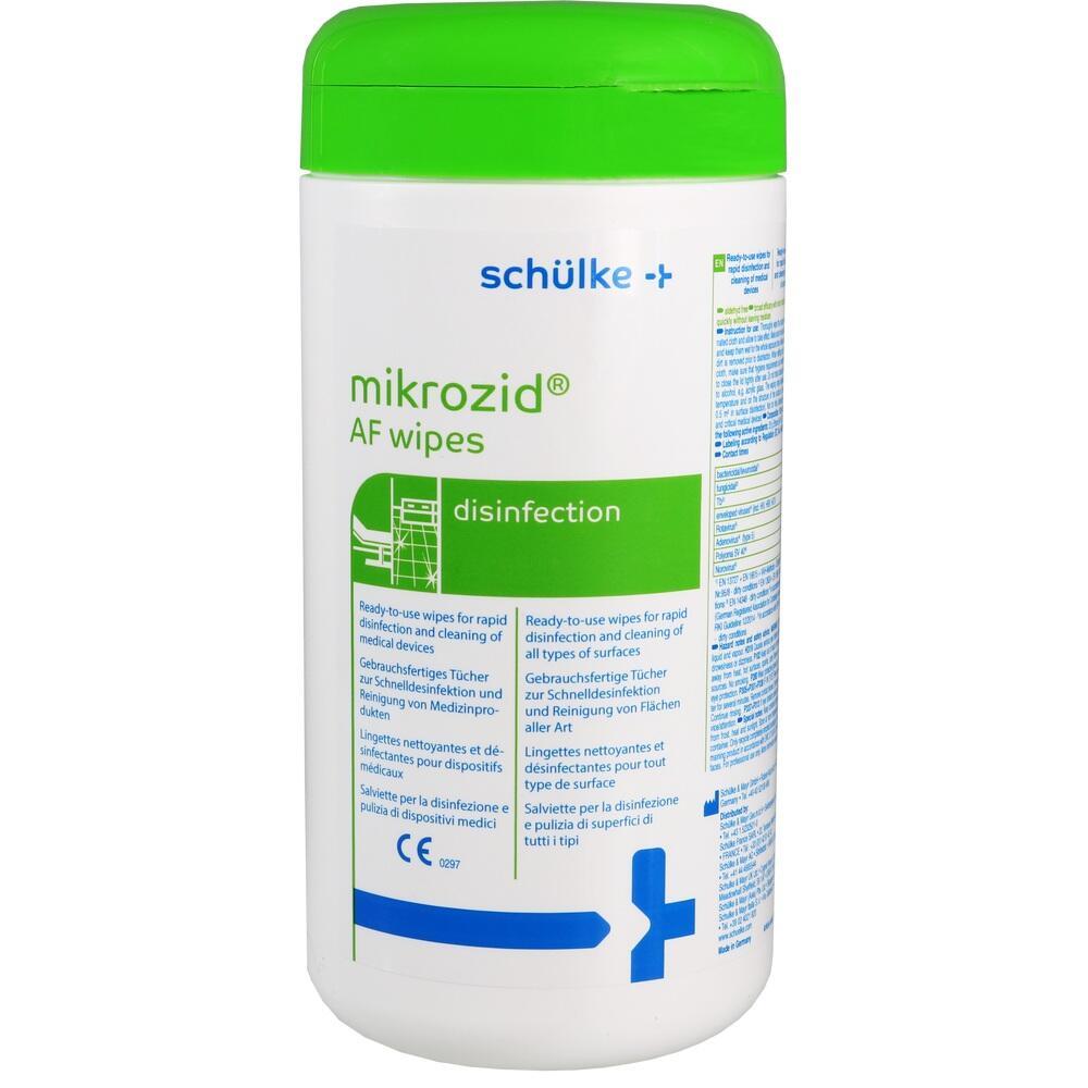 Eine grüne Dose mit Desinfektionstüchern der Marke "mikrozid".