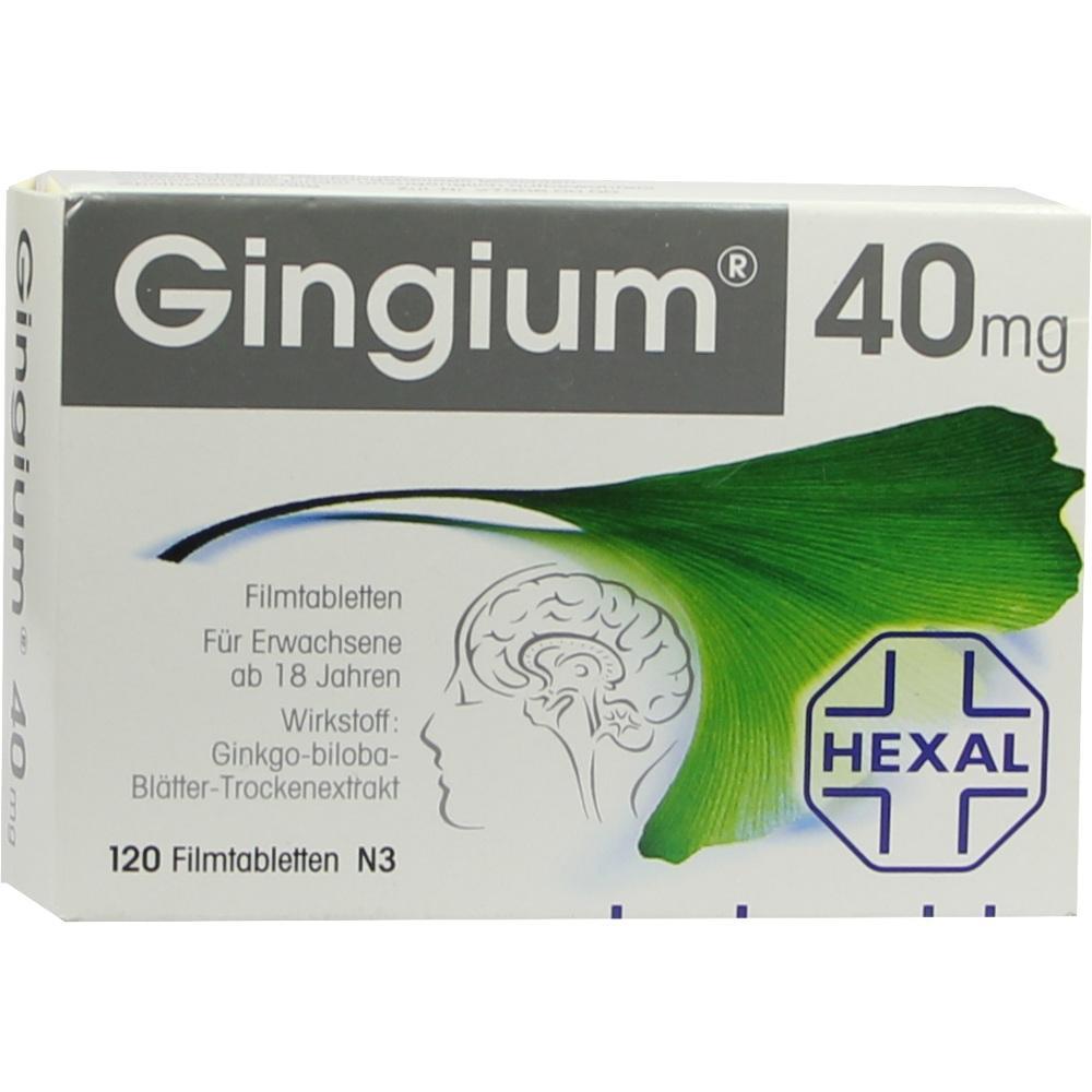Verpackung von Gingium 40 mg Tabletten mit grünem Blatt und Gehirn-Abbildung.