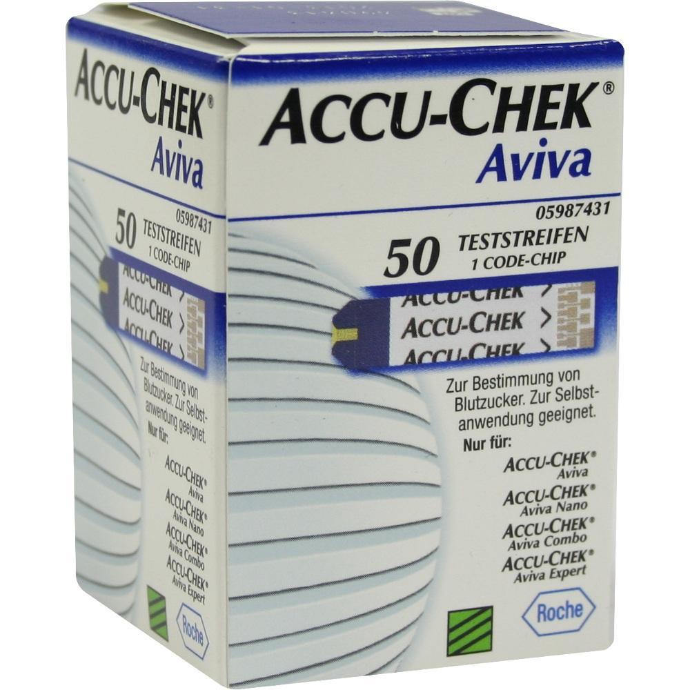 Eine Packung mit 50 Accu-Chek Aviva Teststreifen zur Blutzuckermessung.