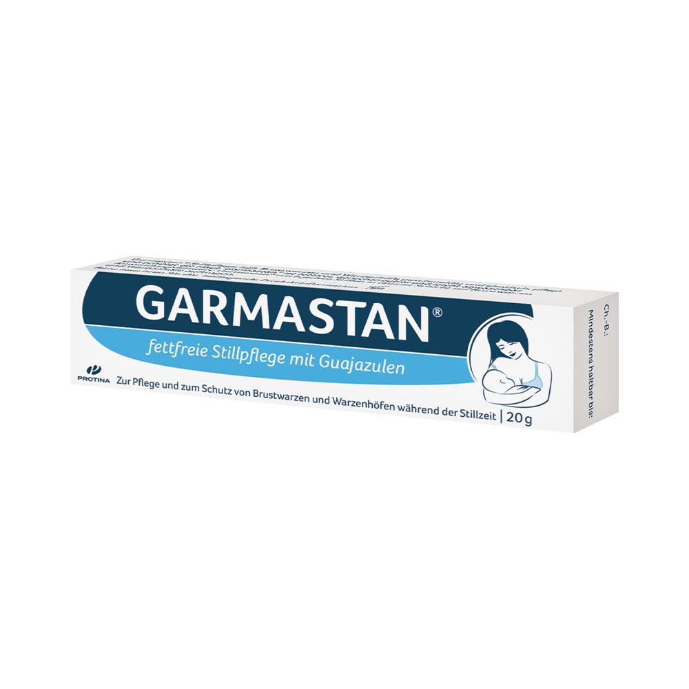 Eine Packung Garmastan, eine fettfreie Salbe für die Stillpflege.