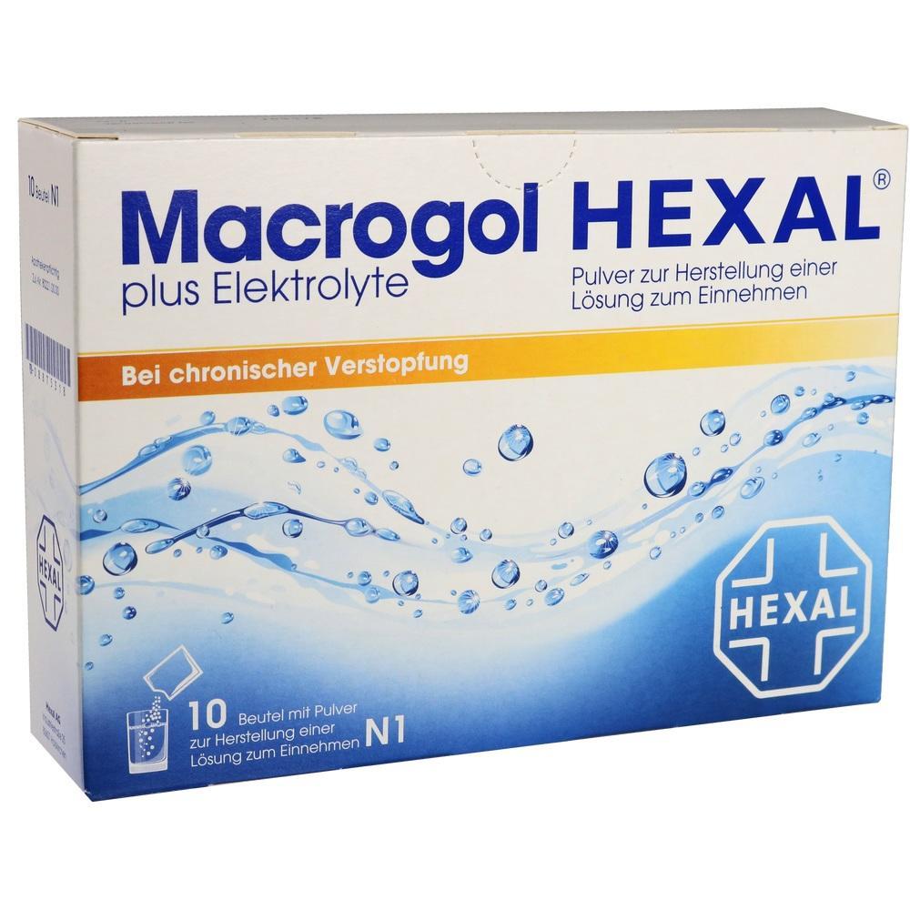 Packung von Macrogol Pulver zur Behandlung von Verstopfung mit blauen Wasserblasen.