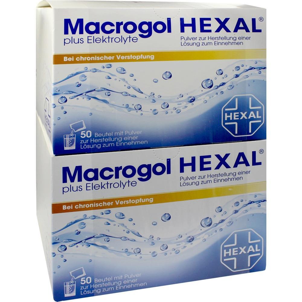 Zwei Packungen Macrogol Hexal gegen Verstopfung mit 50 Beuteln Pulver.