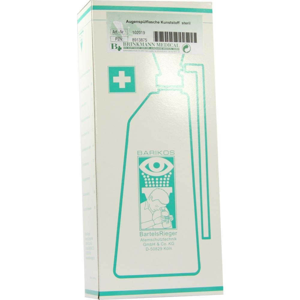 Eine Verpackung für eine sterile Augenspülflasche aus Kunststoff.