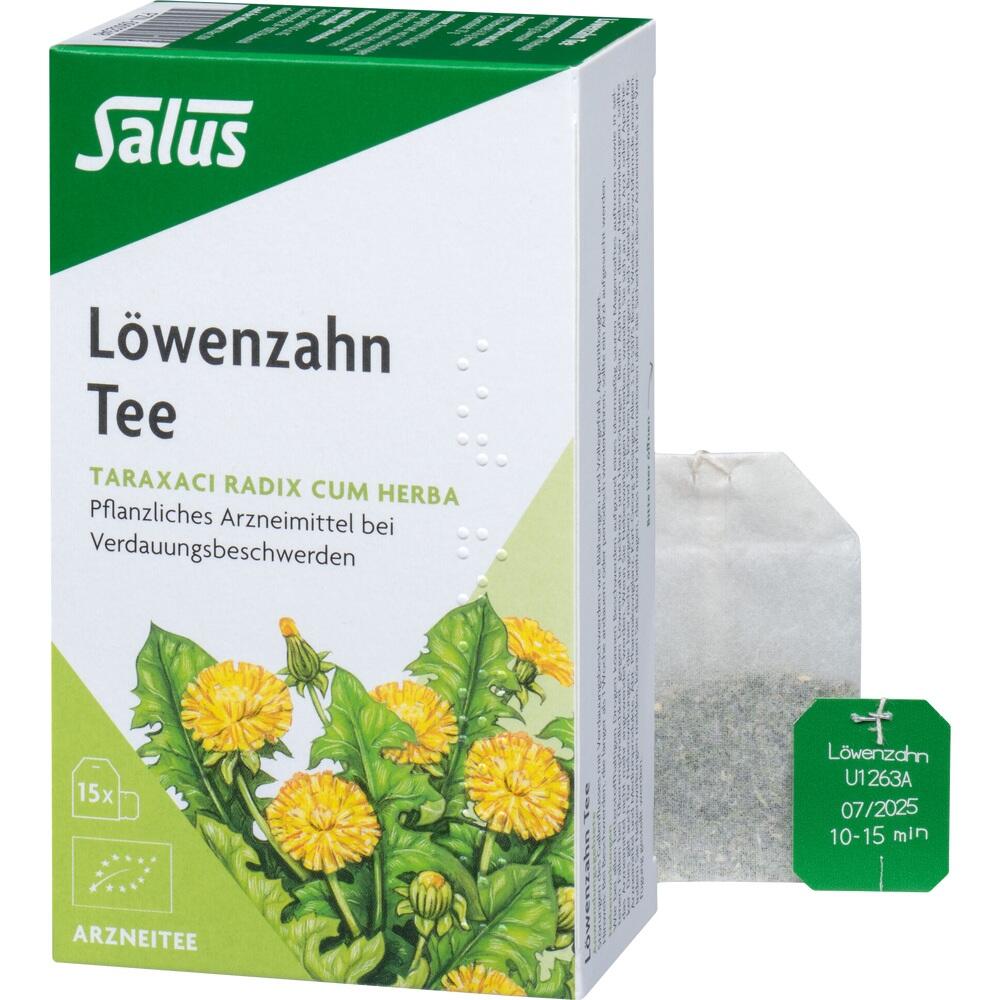 Eine Packung Löwenzahntee gegen Verdauungsbeschwerden, abgebildet mit Teebeutel.