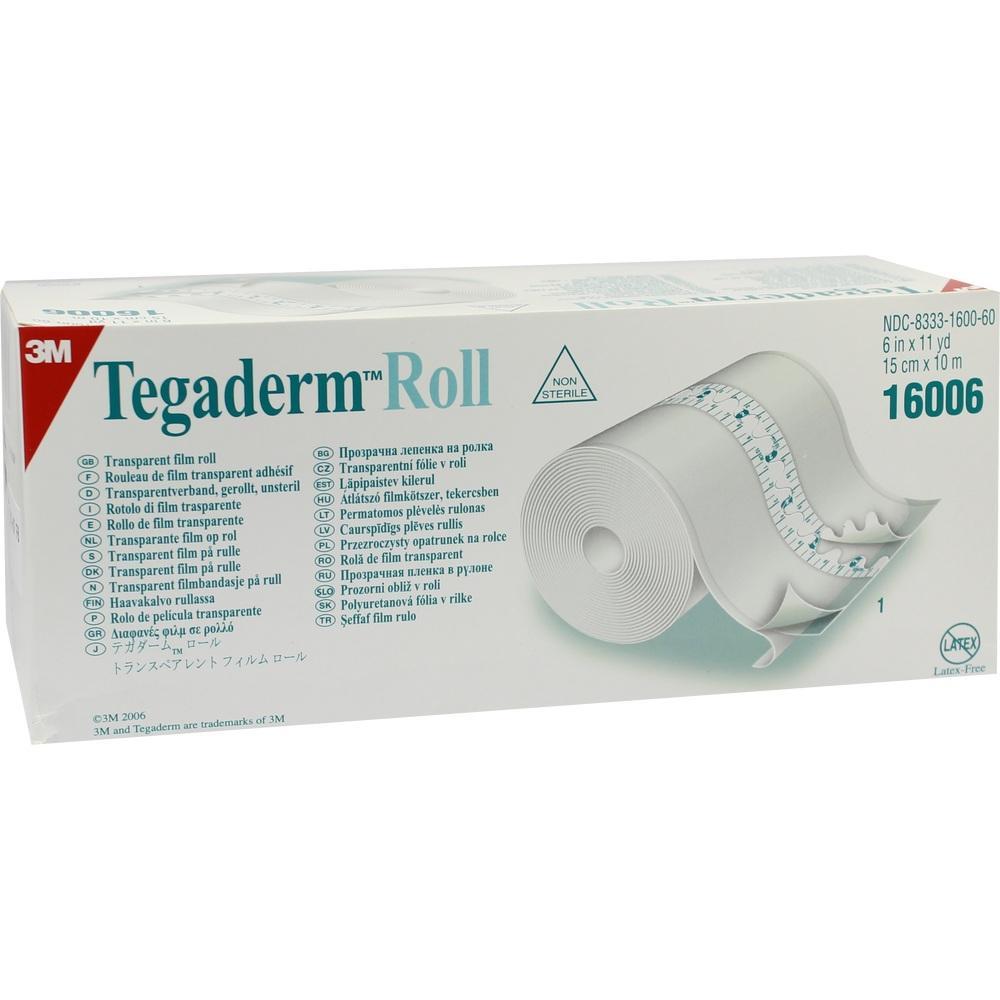 Ein weißer Karton mit der Aufschrift "Tegaderm Roll" und einem Bild der transparenten Rolle.