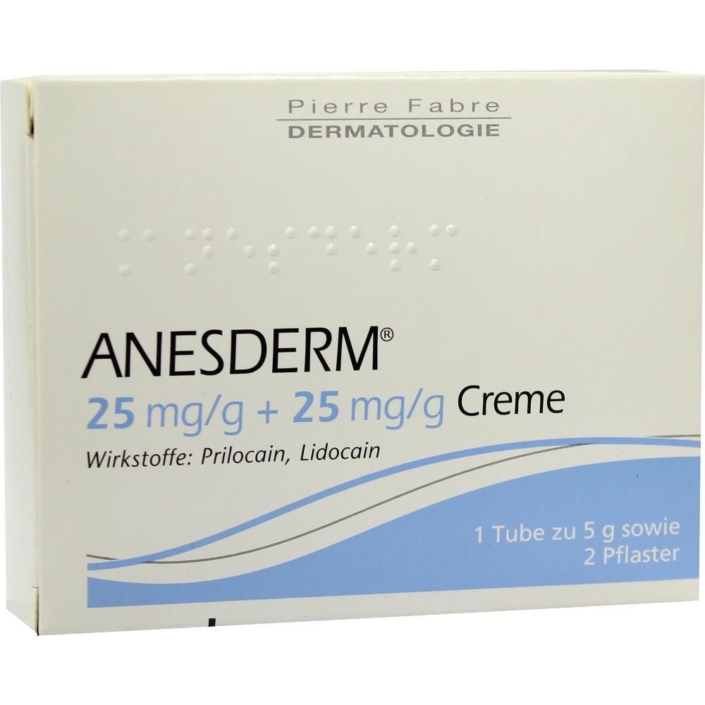 Packung Anesderm Creme mit den Wirkstoffen Prilocain und Lidocain.