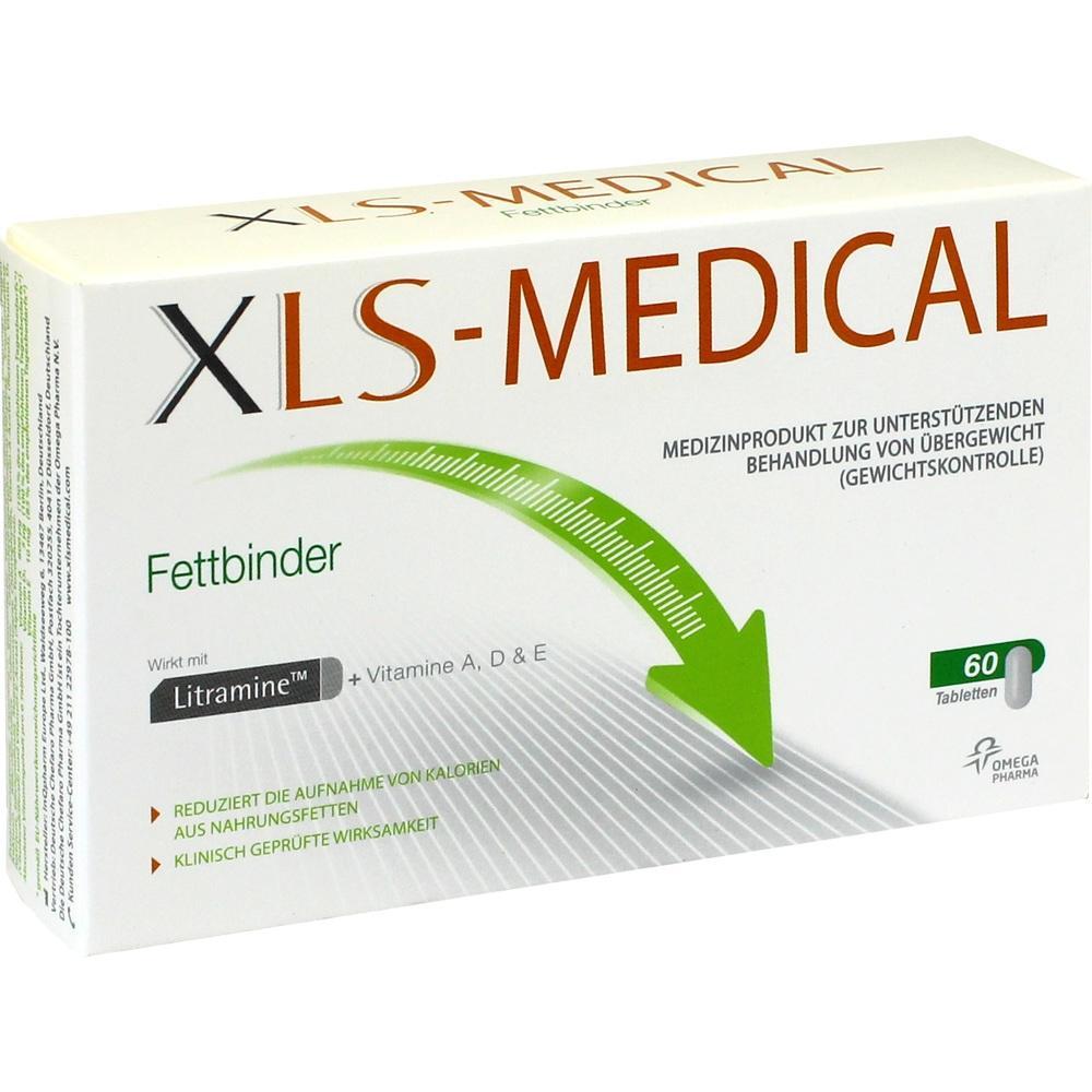 Weiße Verpackung von XLS-Medical Fettbinder mit grünem Pfeil und Text über Gewichtskontrolle.