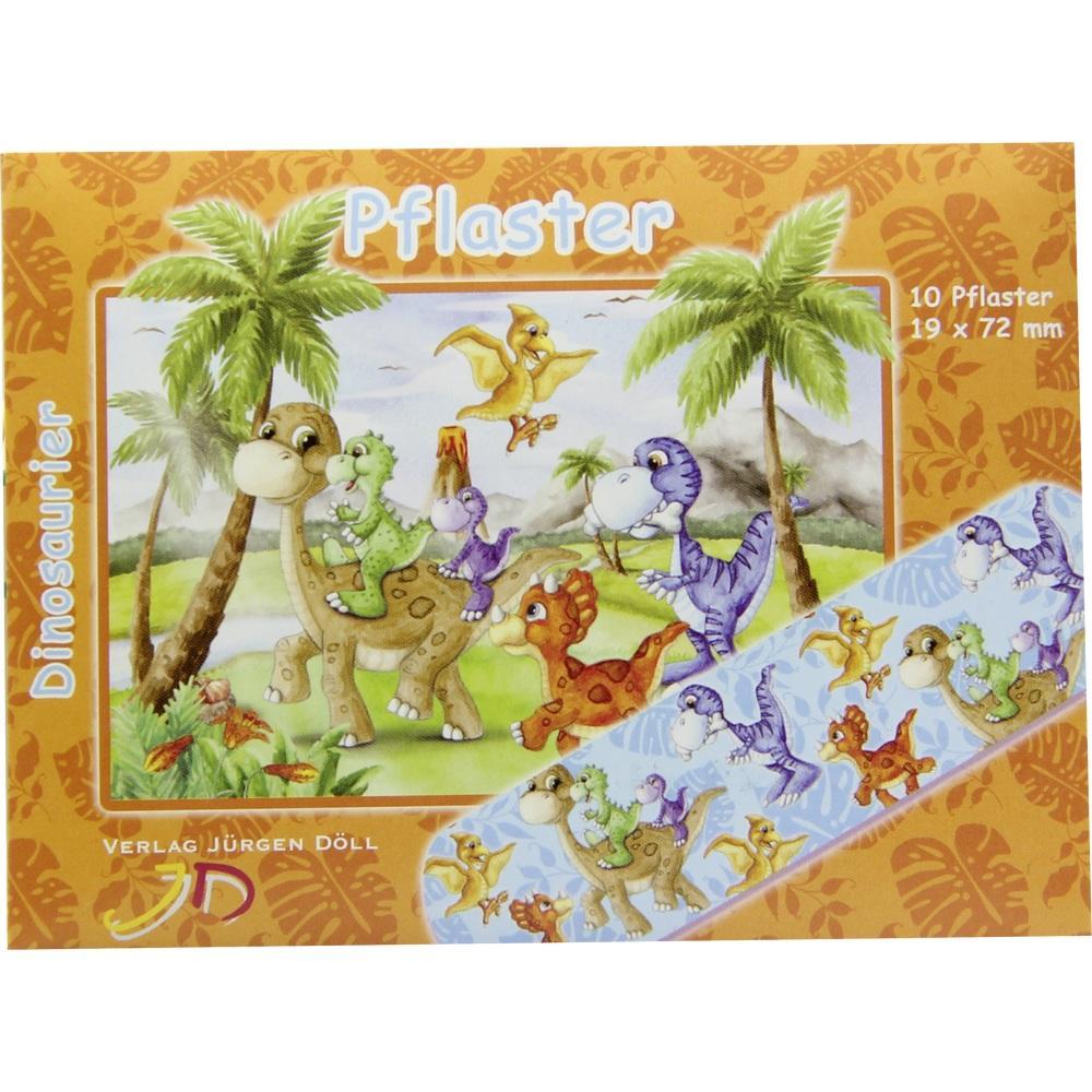 Bunte Pflasterverpackung mit fröhlichen Dinosauriern und Palmen.