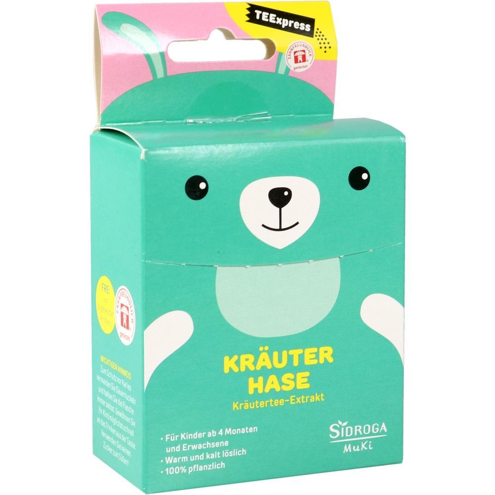 Grüne Teepackung mit Hasenmotiv und der Aufschrift "Kräuter Hase".