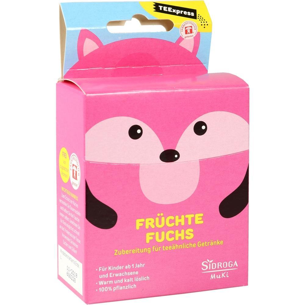 Eine pinke Packung mit einem Fuchs-Gesicht und der Aufschrift "Früchte Fuchs".