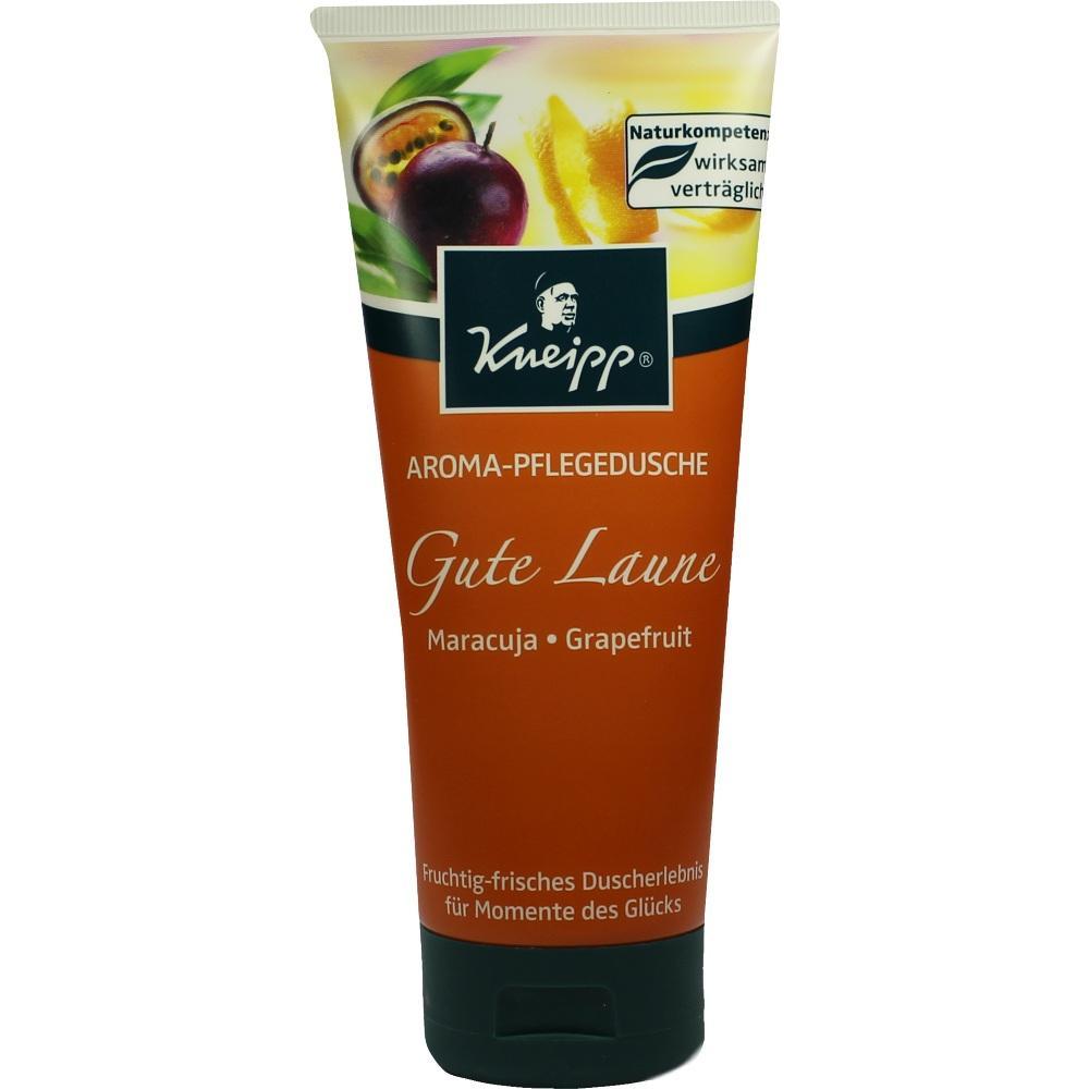 Orangene Duschgel-Tube mit der Aufschrift "Gute Laune" und Bildern von Maracuja und Grapefruit.