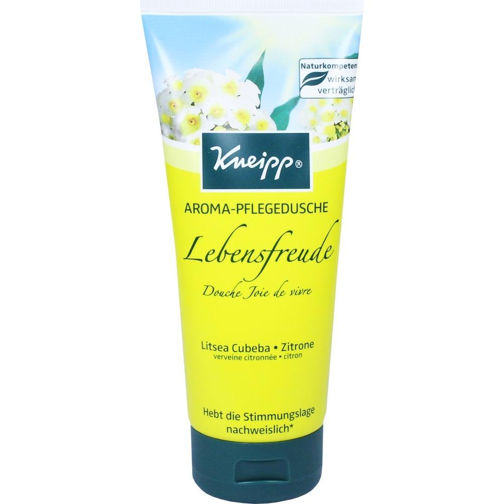 Gelbe Duschgel-Tube mit Blumen, Marke Kneipp, Duft Zitronen.