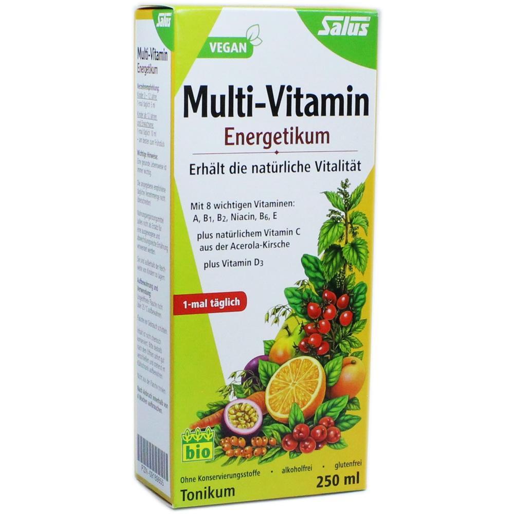 Eine gelbe Box mit dem Text "Multi-Vitamin Energetikum" und Früchtebildern.