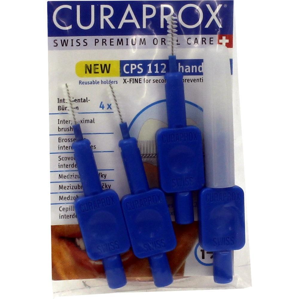 Vier blaue Interdentalbürsten mit Verpackung und Text darauf.