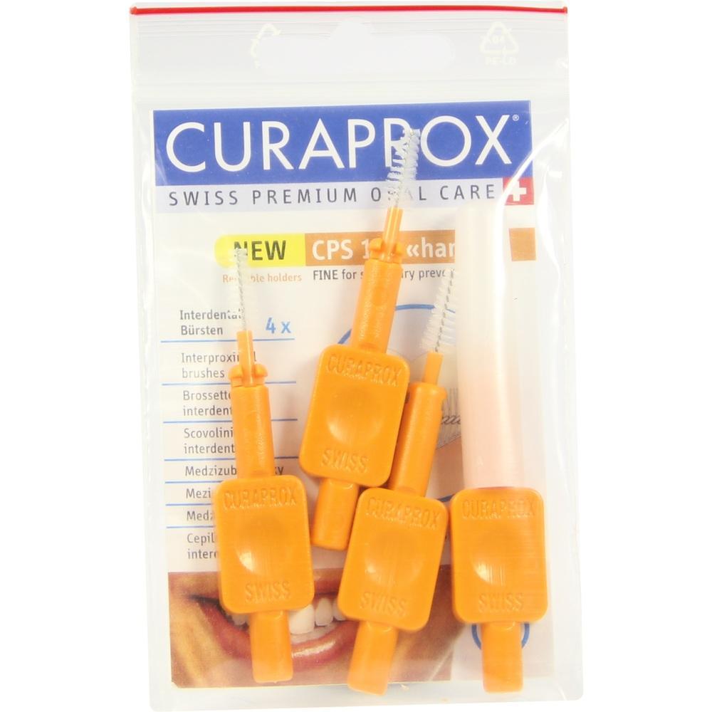 Verpackung mit vier orangefarbenen Interdentalbürsten von Curaprox.