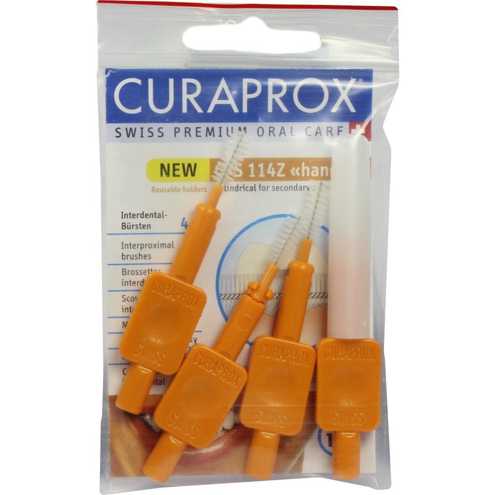 Eine Packung mit orangen Interdentalbürsten von der Marke Curaprox.