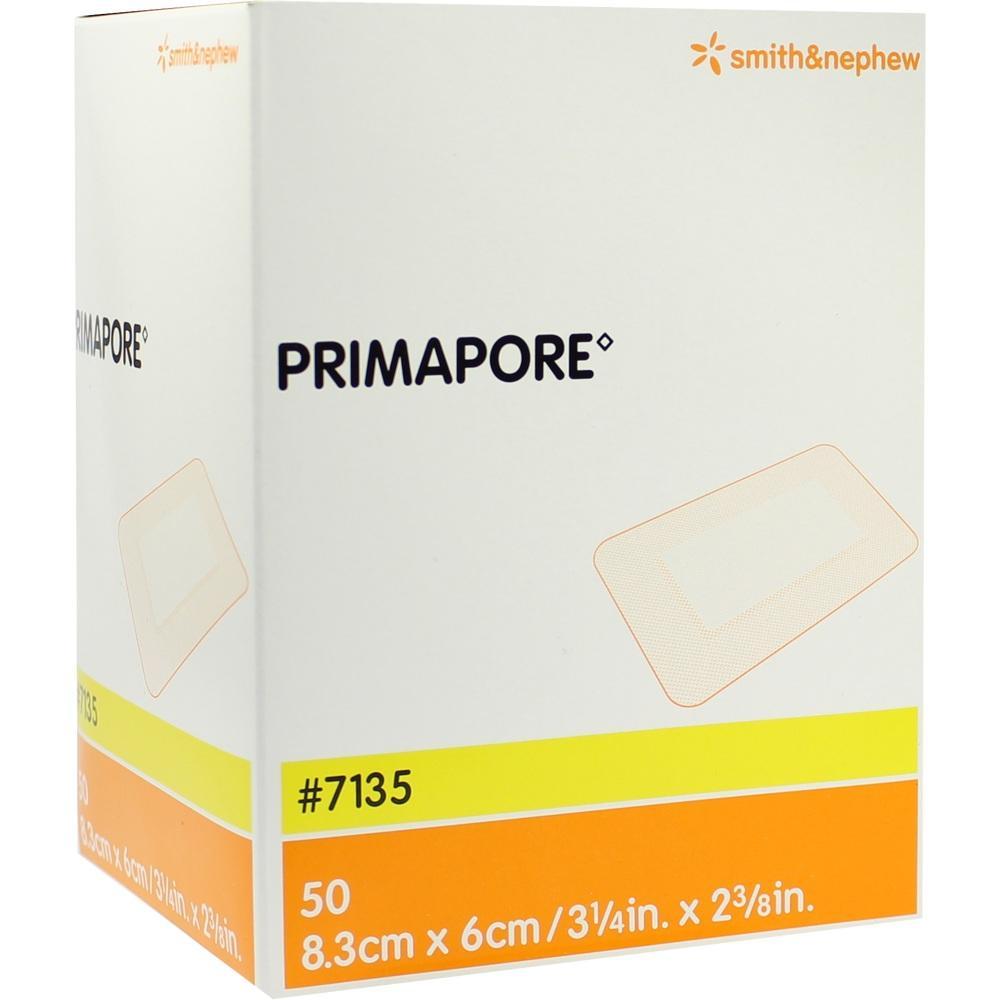 Eine Verpackung für Verbandsmaterial von Primapore mit gelbem und orangefarbenem Streifen.