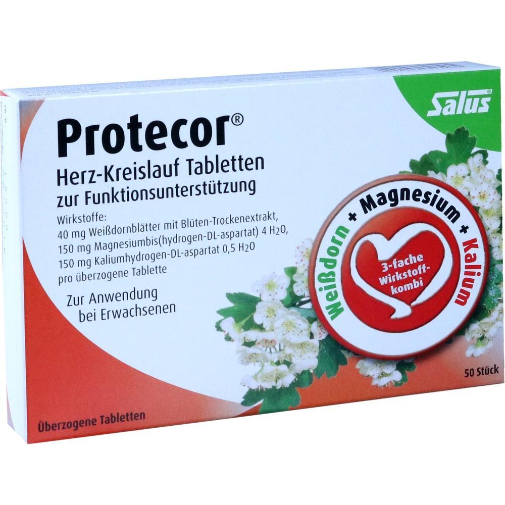 Verpackung von Protecor Herz-Kreislauf-Tabletten mit Weißdorn, Magnesium und Kalium.