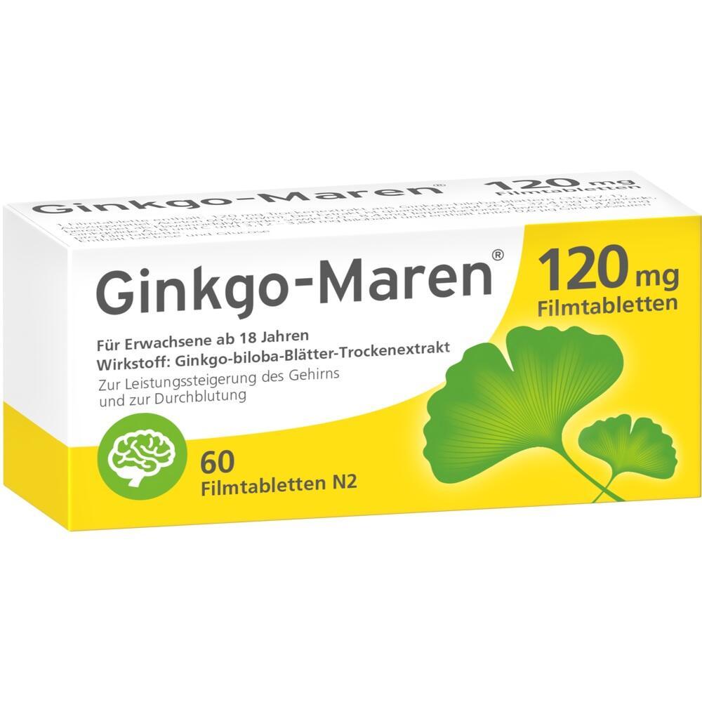 Schachtel mit Ginkgo-Maren 120 mg Tabletten f&uuml;r Erwachsene zur Verbesserung des Ged&auml;chtnisses.