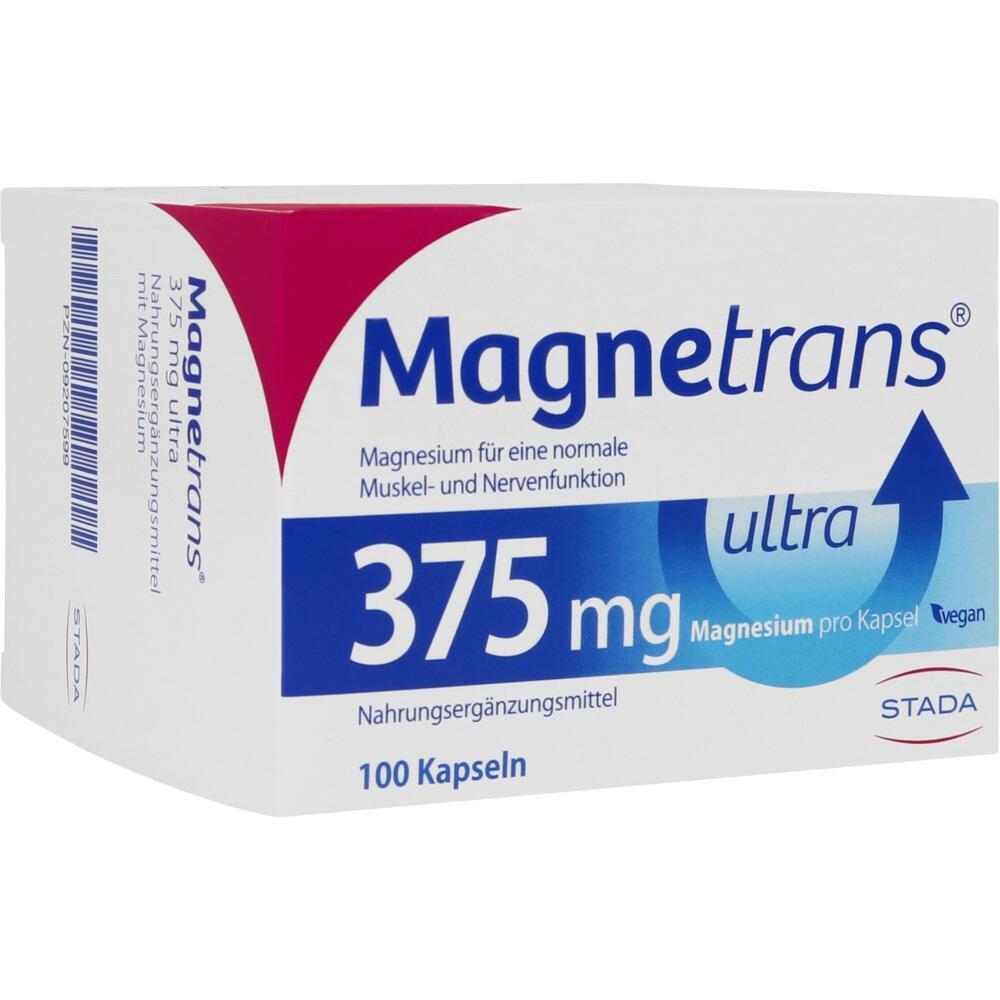 Eine Packung Magnesiumkapseln mit 375 mg Inhalt f&uuml;r Muskel- und Nervenfunktion.