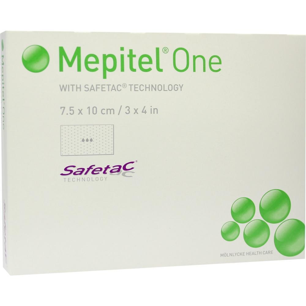 Verpackung von Mepitel One mit Safetac-Technologie, Größe 7,5 x 10 cm.