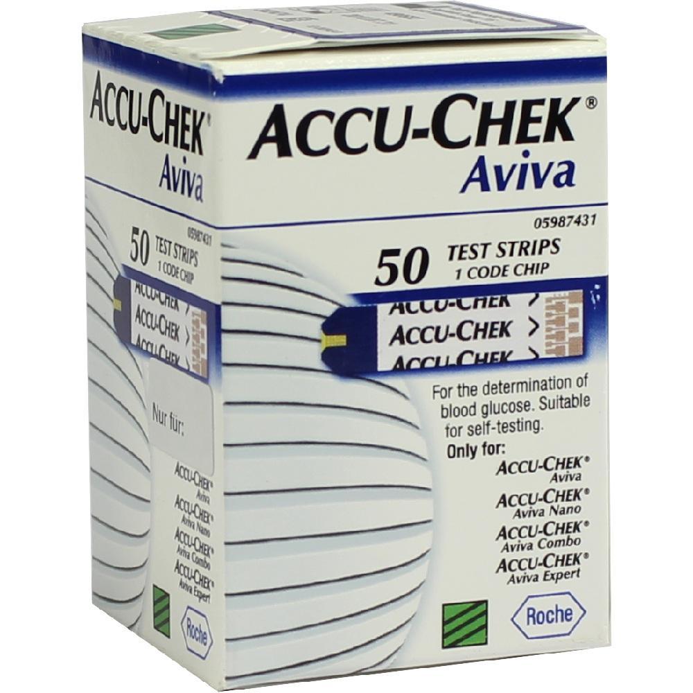 Eine Verpackung mit 50 Blutzuckerteststreifen der Marke Accu-Chek Aviva.