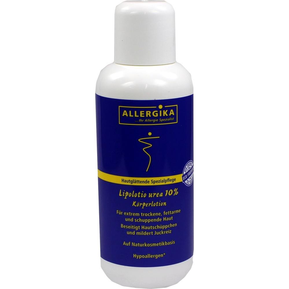 Weiße Flasche mit blauer Beschriftung und Aufdruck "Allergika Lipolotio urea 10%".