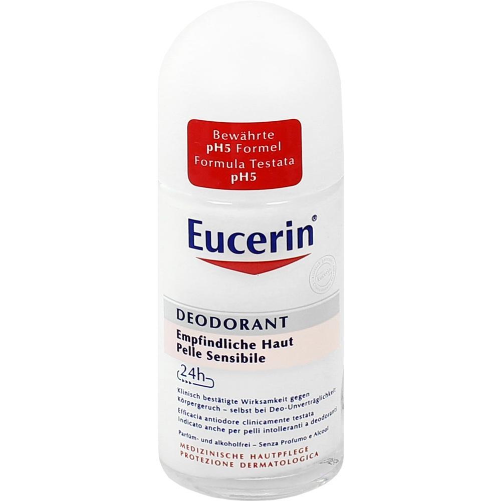 Roll-On-Deodorant mit der Aufschrift "Eucerin" für empfindliche Haut.
