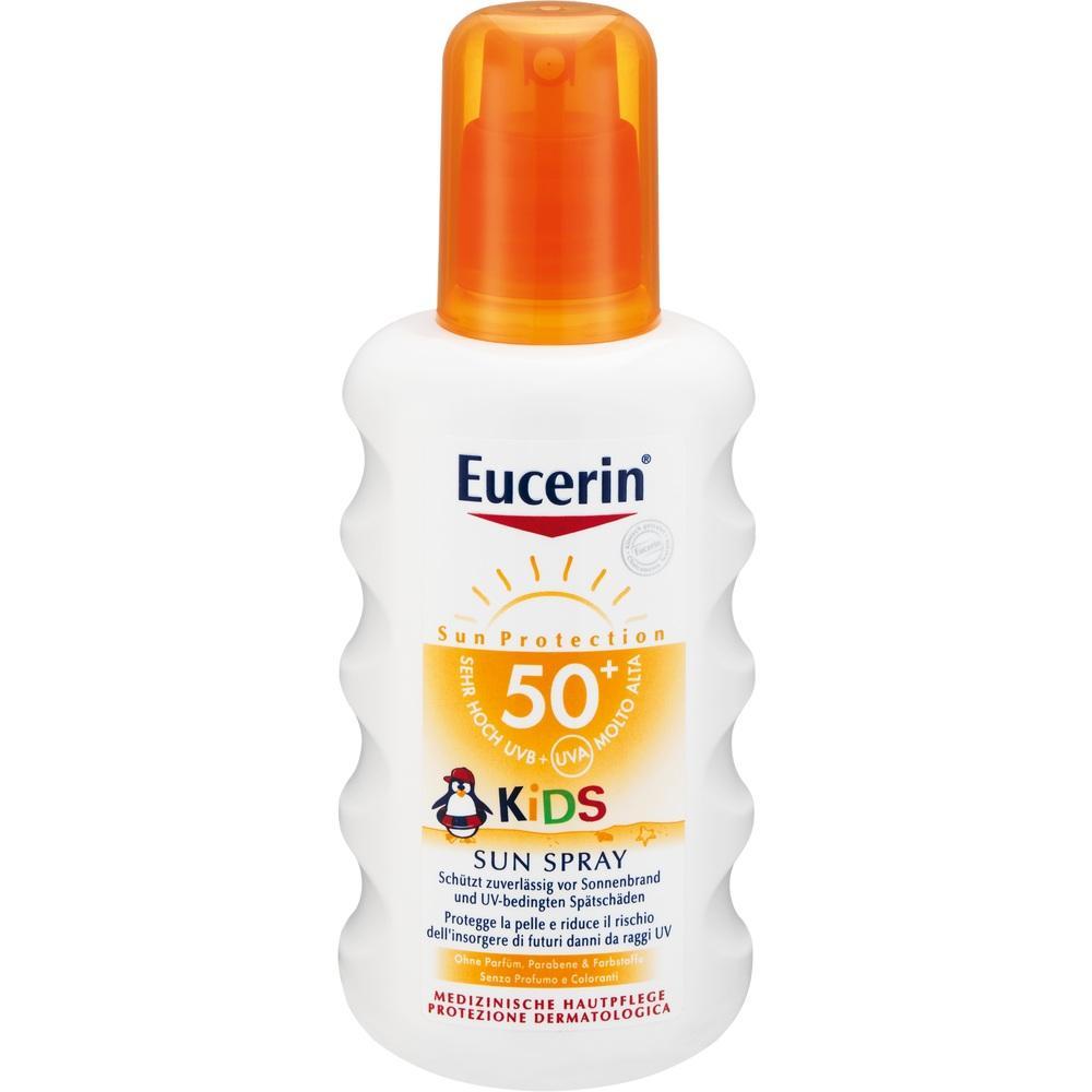 Weiße Flasche mit Eucerin Kids Sonnencreme LSF 50+, oranger Sprühkopf.