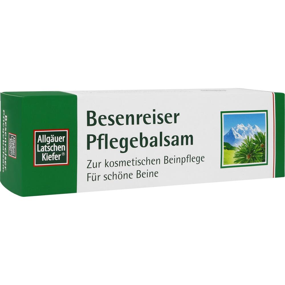 Grüne Verpackung eines Pflegebalsams für Beine, mit Bergen und Pflanze abgebildet.
