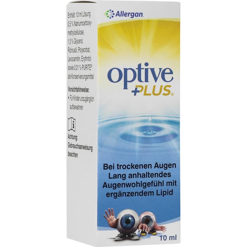 Verpackung von "optive PLUS" Augentropfen mit Text und Augenabbildung.