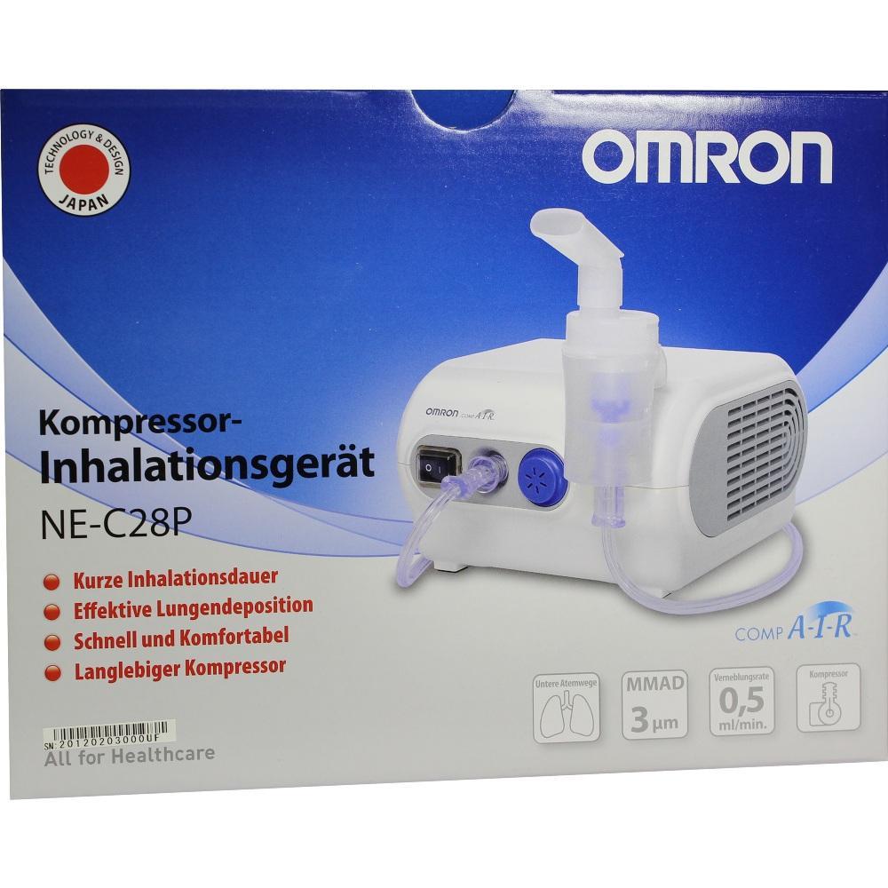 Ein wei&szlig;es Inhalationsger&auml;t mit Schlauch auf einer blauen Verpackung.