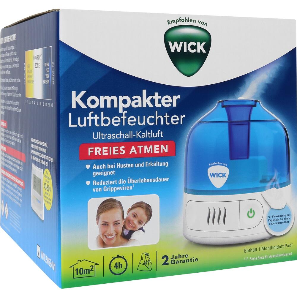 Verpackung eines blauen Luftbefeuchters von Wick, geeignet bei Erk&auml;ltungen.