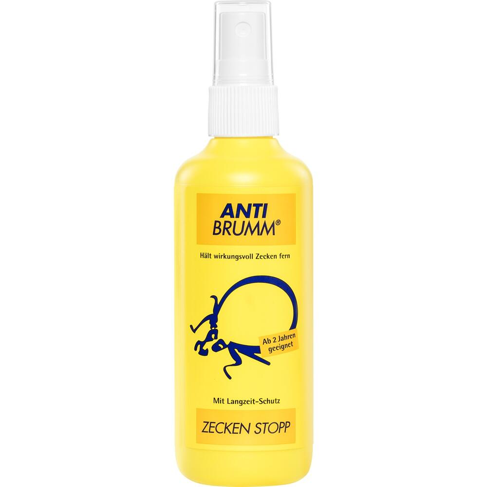 Gelbe Sprayflasche mit Zeckenschutzmittel namens Anti Brumm.