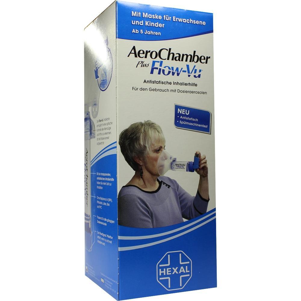 Eine Frau benutzt ein Inhalationsgerät aus einer Verpackung mit blauer Aufschrift.