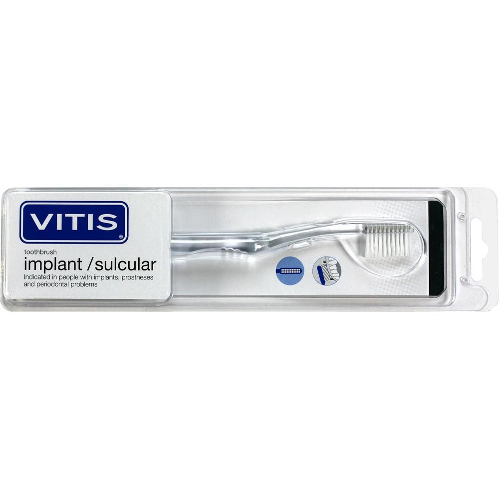 Transparente Zahnbürste in einer Plastikverpackung mit der Aufschrift "VITIS implant/sulcular".