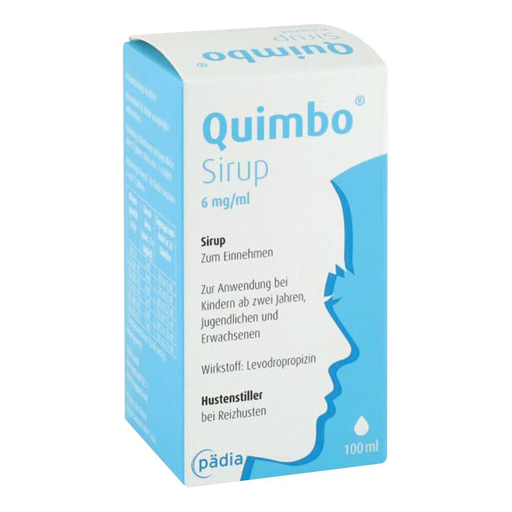 Eine Packung Quimbo Sirup für Husten, geeignet für Kinder und Erwachsene.