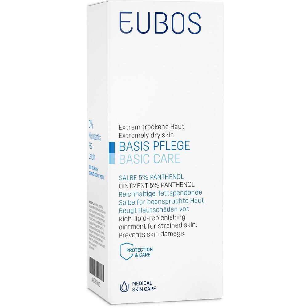 Wei&szlig;e Verpackung mit der Aufschrift "EUBOS Basis Pflege" f&uuml;r sehr trockene Haut.