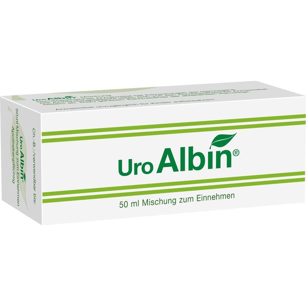 Eine weiße Medikamentenverpackung mit grünem Text "UroAlbin" und einem Blatt-Symbol.