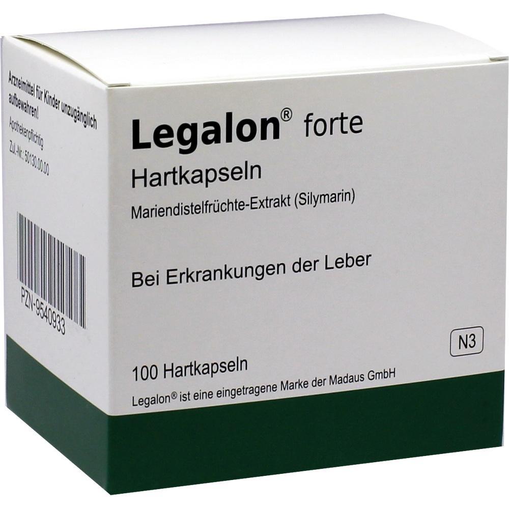 Verpackung von Legalon forte Hartkapseln für Lebererkrankungen.