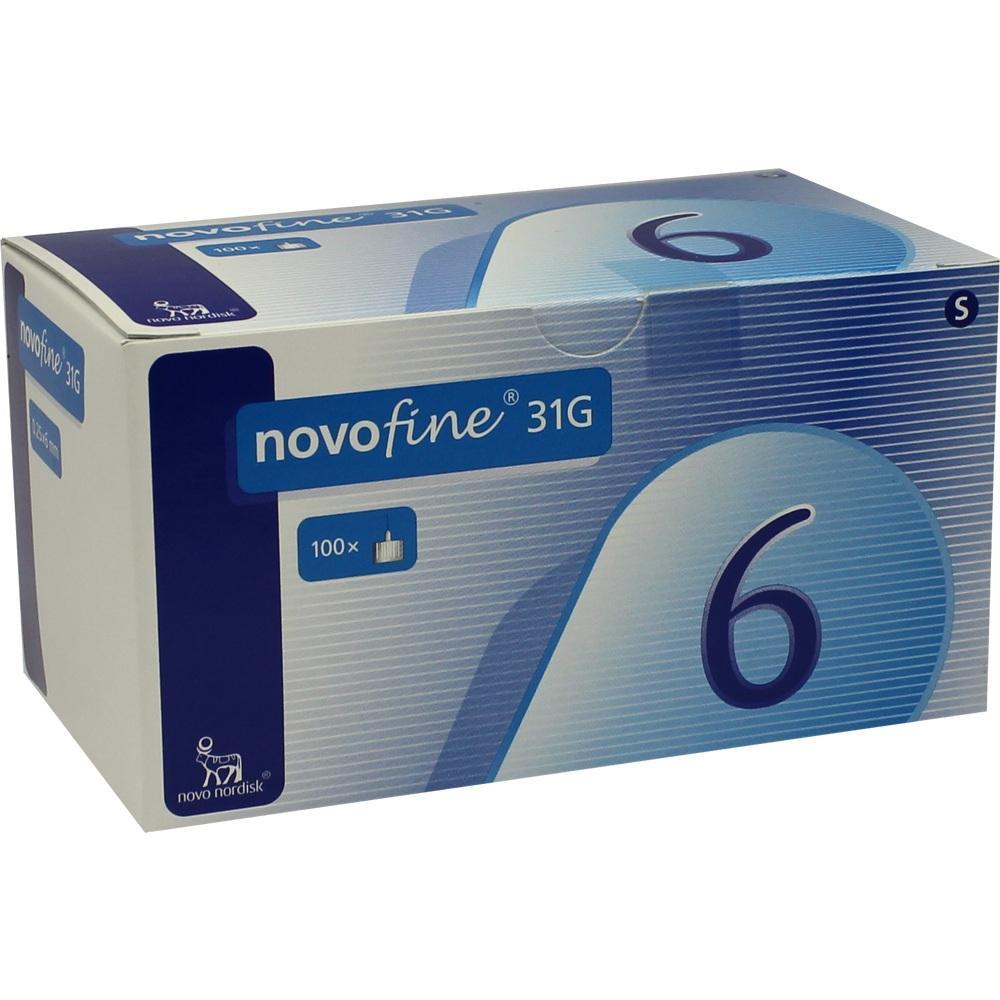 Eine weiße und blaue Verpackung von Novofine 31G Nadeln mit der Zahl 6 darauf.