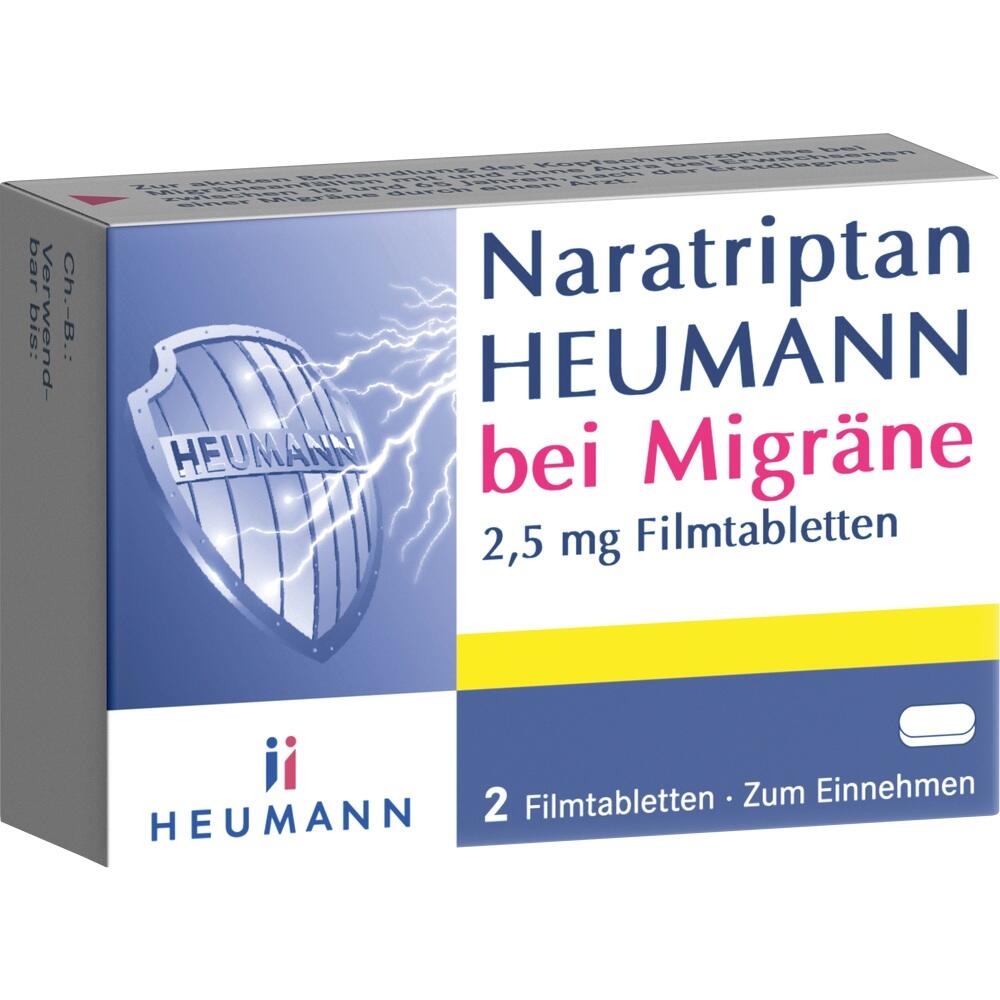 Schachtel mit 2 Filmtabletten gegen Migr&auml;ne von Heumann.