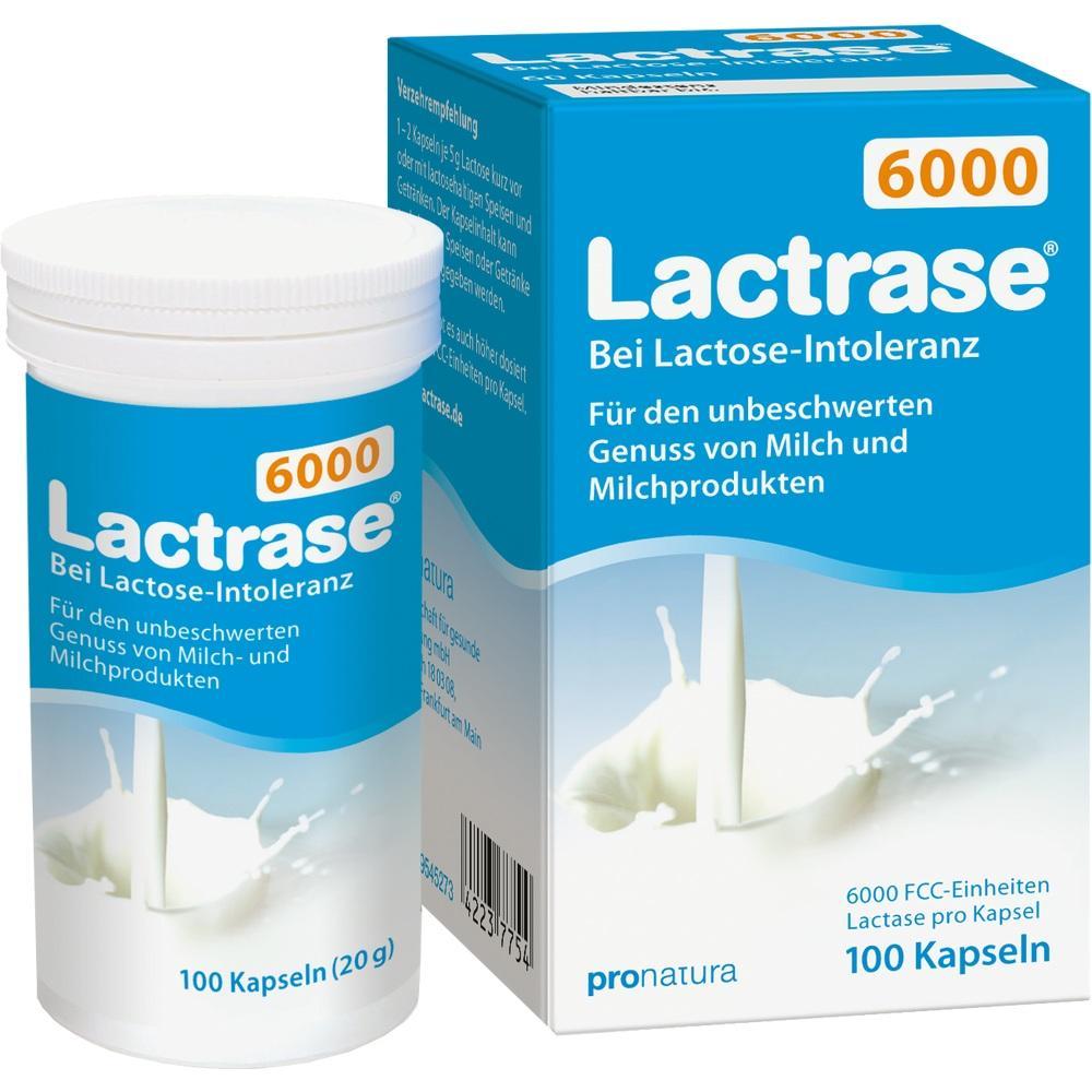 Eine Packung Lactrase 6000 für Menschen mit Laktose-Intoleranz, enthält 100 Kapseln.