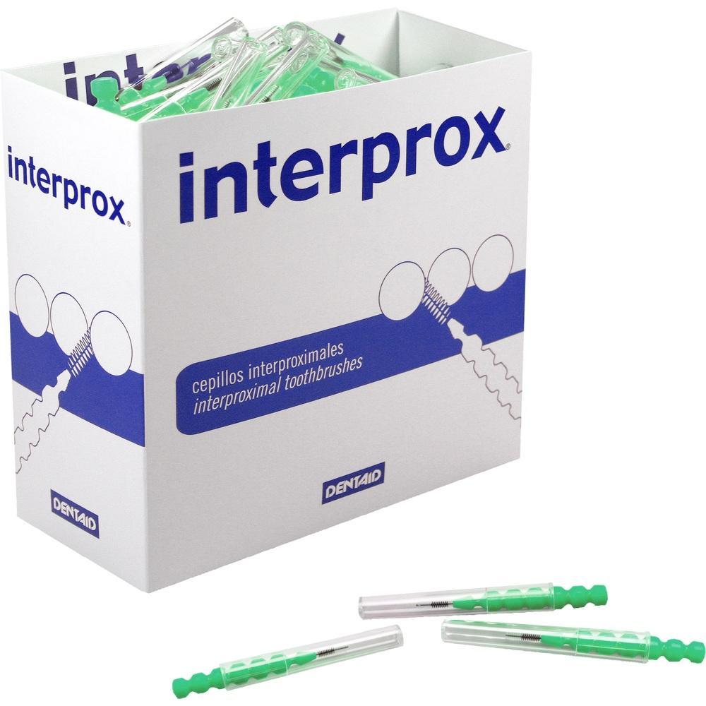 Eine Packung Interdentalbürsten mit grünem Griff und Hülle.