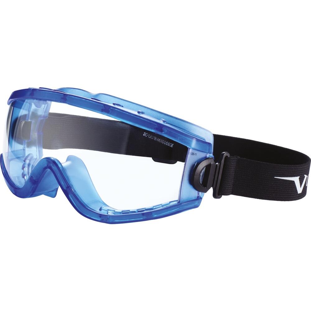 Eine blaue Schutzbrille mit schwarzem Riemen.
